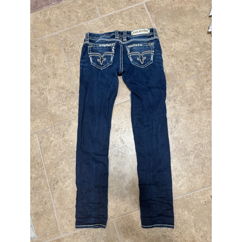 Rock Revival Erin Skinny Jeans Dark Wash Contrast Stitch Fleur-de-Lis Size‎ 29
